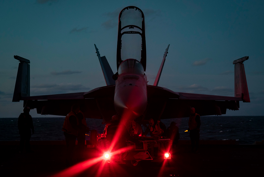 An F/A-18E Super Hornet takes off from the flight deck of USS Dwight D. Eisenhower (CVN 69)